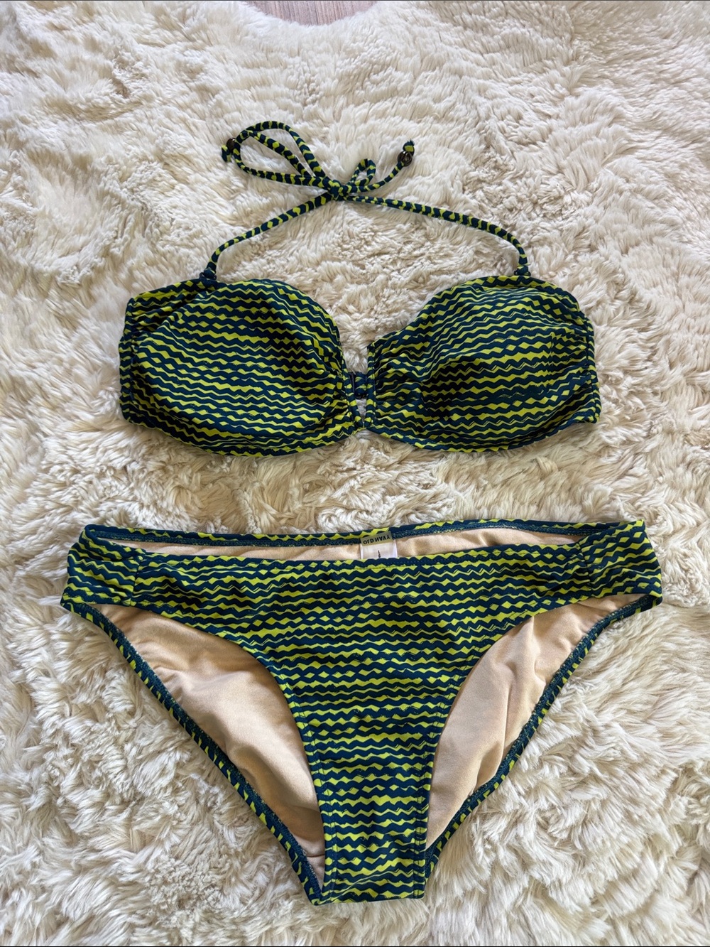 Green and Navy Zigzag Bandeau Bikini Large